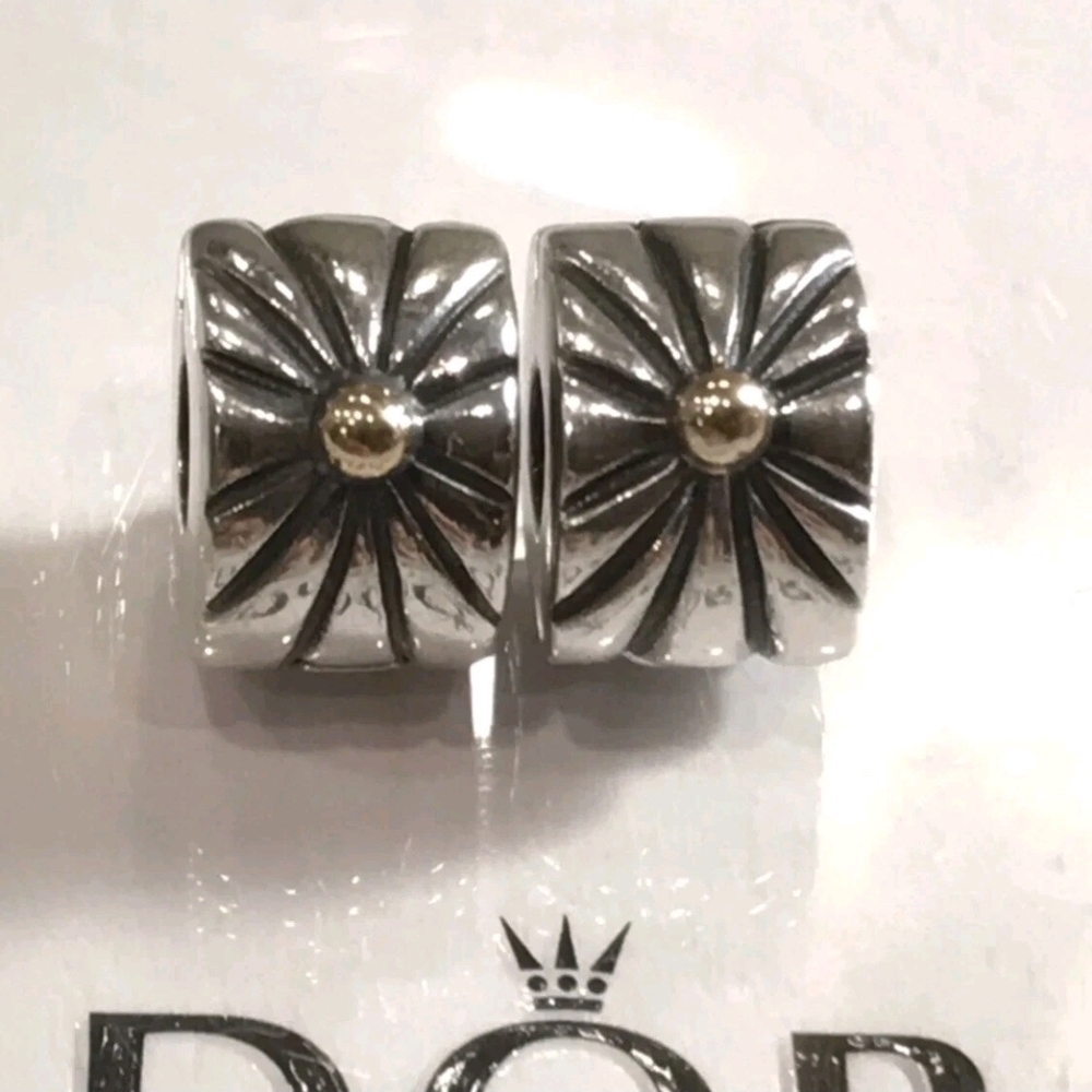 Pandora Sunburst Clips 925 SS & 14K Gold Set Of 2 - Picture 5 of 10
